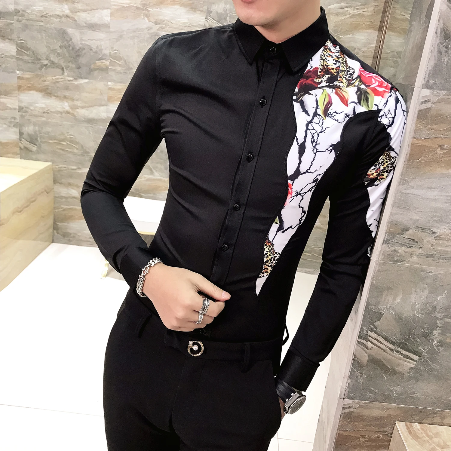 YYear Men Long Sleeve Button Up Club Digital Print Dress Work Shirt