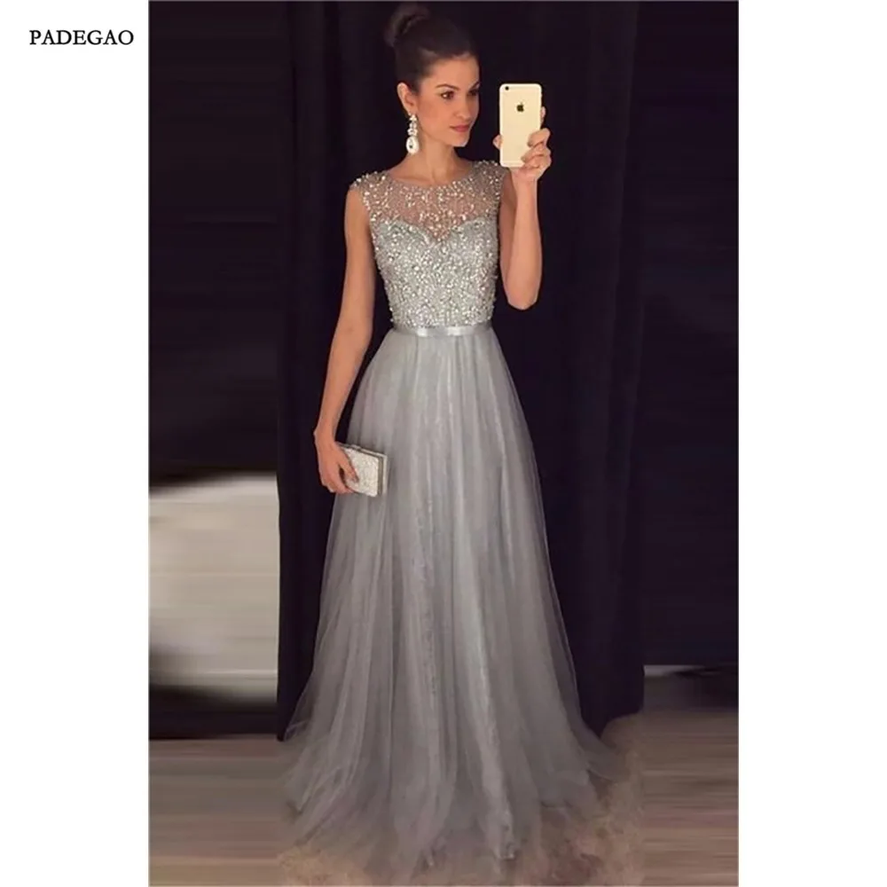Sparkly A Line Scoop Open Back Grey Beaded Long Prom Dresses_副本2_副本_副本