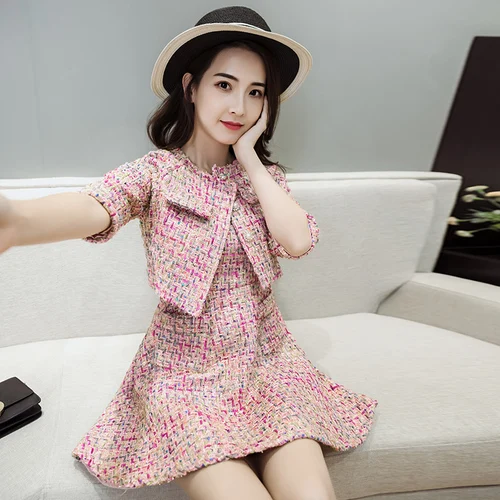 Розовый твидовый короткий костюм YiLin Kay + платье без рукавов весенне осенний