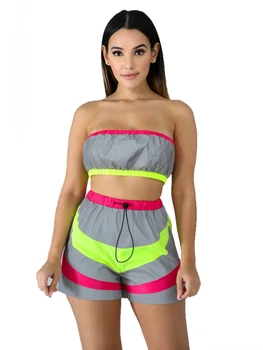 

Contrast Color Fashion Woman Two Pieces Suit Hot Sexy Off Shoulder Strapless Crop Top Mini Short Pants Suit Windbreaker Style