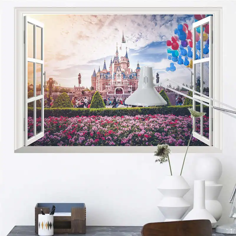 Disney Castle Ballon 3dview Fake Window Wall Stickers For Kids Room Baby Bedroom Accessories Home Decor Wall Decals Poster Mural Wall Stickers Aliexpress