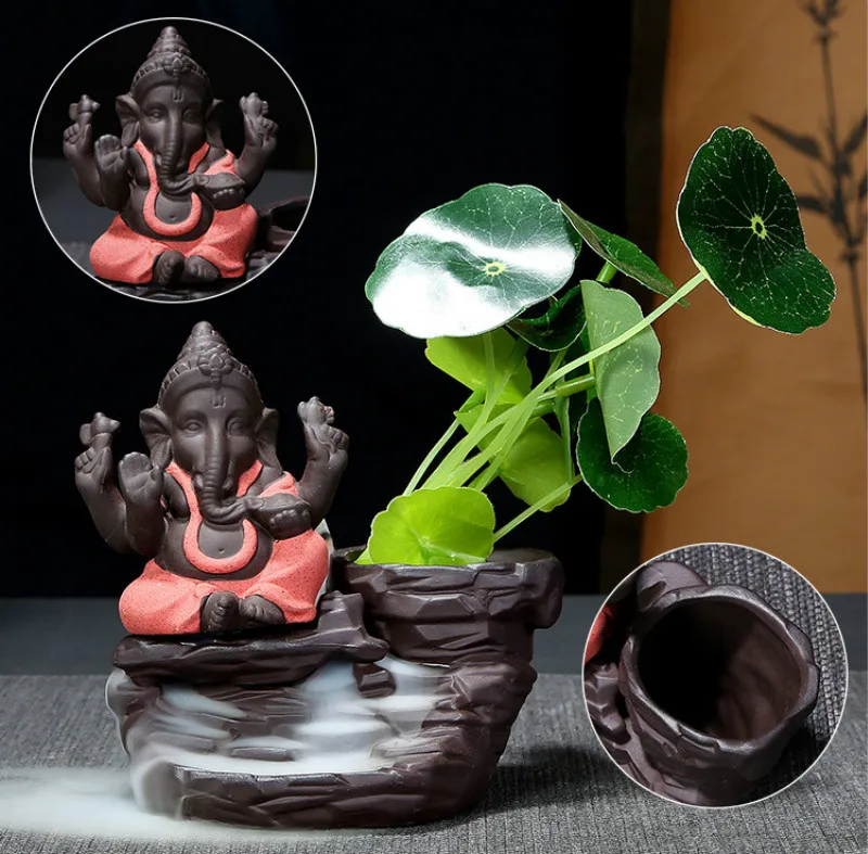 Фиолетовая глина голова слона Бог Ганеша цветочный горшок курильница для благовоний буддийская горелка струящаяся вода Слоны буддизм украшение