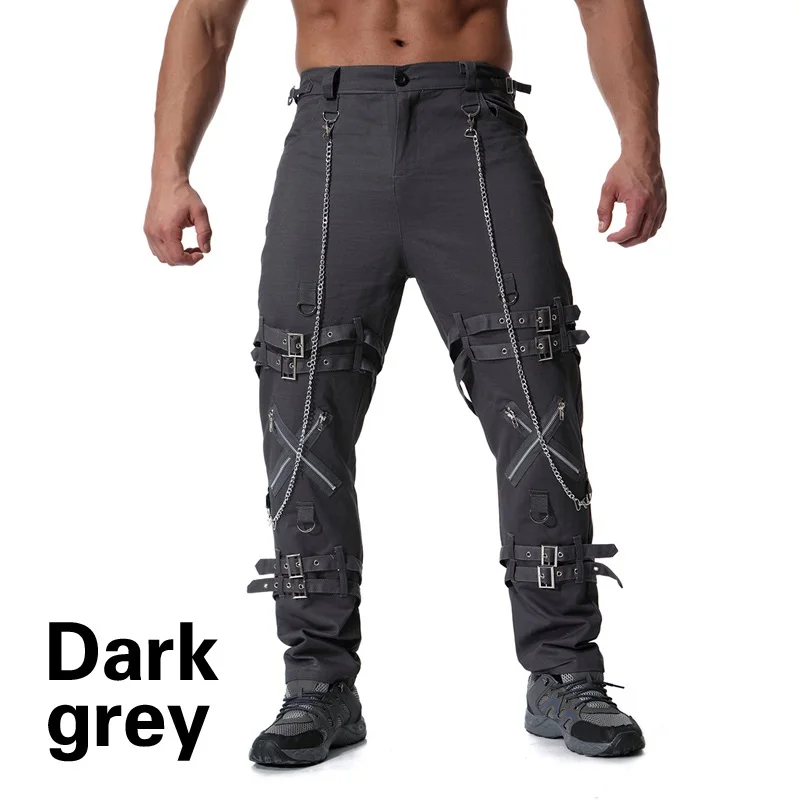 Новое поступление весенние модные мужские панк обтягивающие брюки для мужчин классные хлопковые повседневные брюки на молнии облегающие черные готические брюки - Цвет: Темно-серый