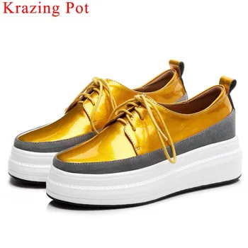 

Krazing Pot European design natural leather round toe lace up mixed colors sneakers thick bottom breathable vulcanized shoes L92