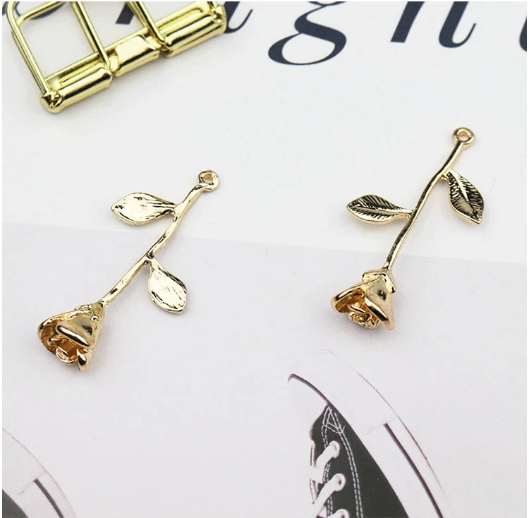 

50pcs/lot 20*40mm Gold Color Alloy Rose Flower Charm for Jewelry Making DIY Handmade Pendant fit Necklace Ear Accessory