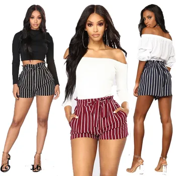

Hirigin Women's Casual High Waisted Striped Pockets Bandage Short Mini Slim Beach Hot Shorts