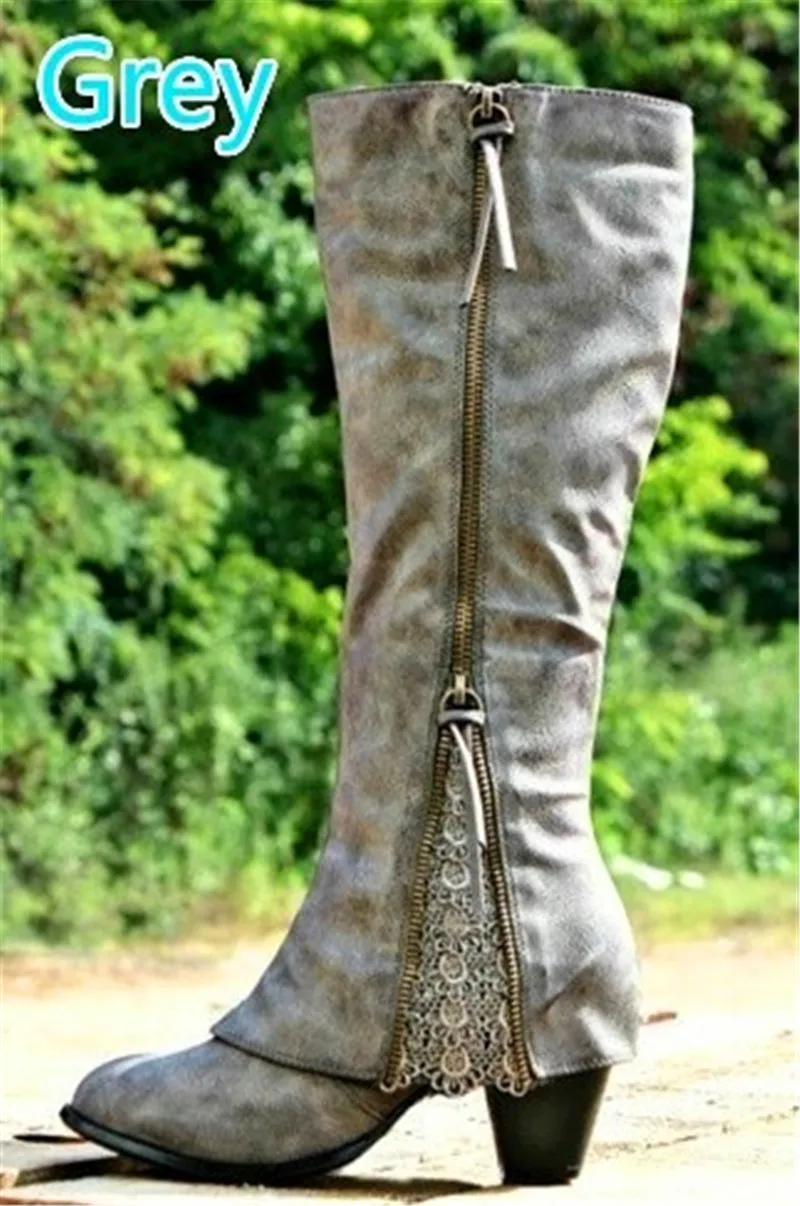 

XingDeng Women Pu Leather Tassels Lace High Heels Motorcycle Boots Shoes Lady Zip Long Over The Knee Western Thin Heels Boots