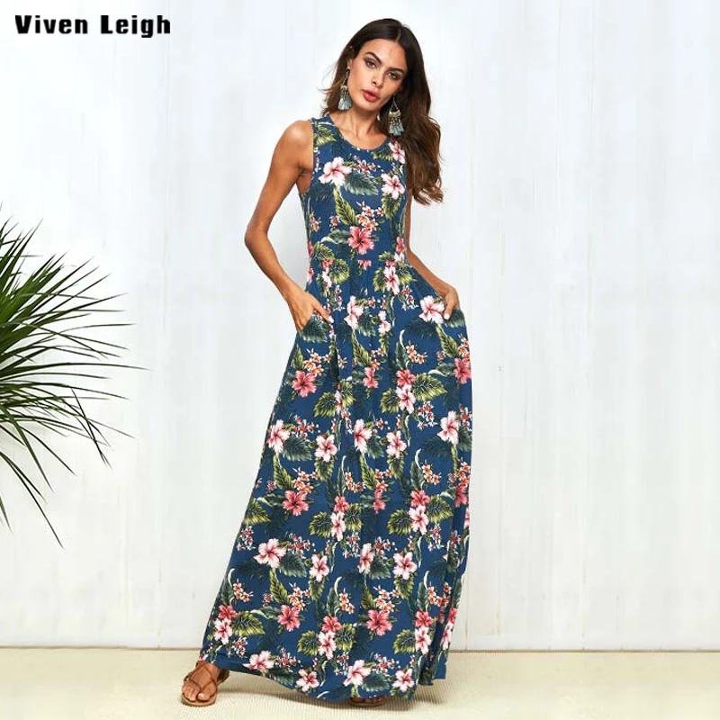 Viven Leigh Floral Print Boho Dress Summer Sundress Pocket Sexy Maxi