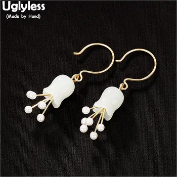

Uglyless Real 925 Sterling Silver Flower Earrings for Women Natural Jade Lily of the valley Fine Jewelry Pearls Pistil Brincos