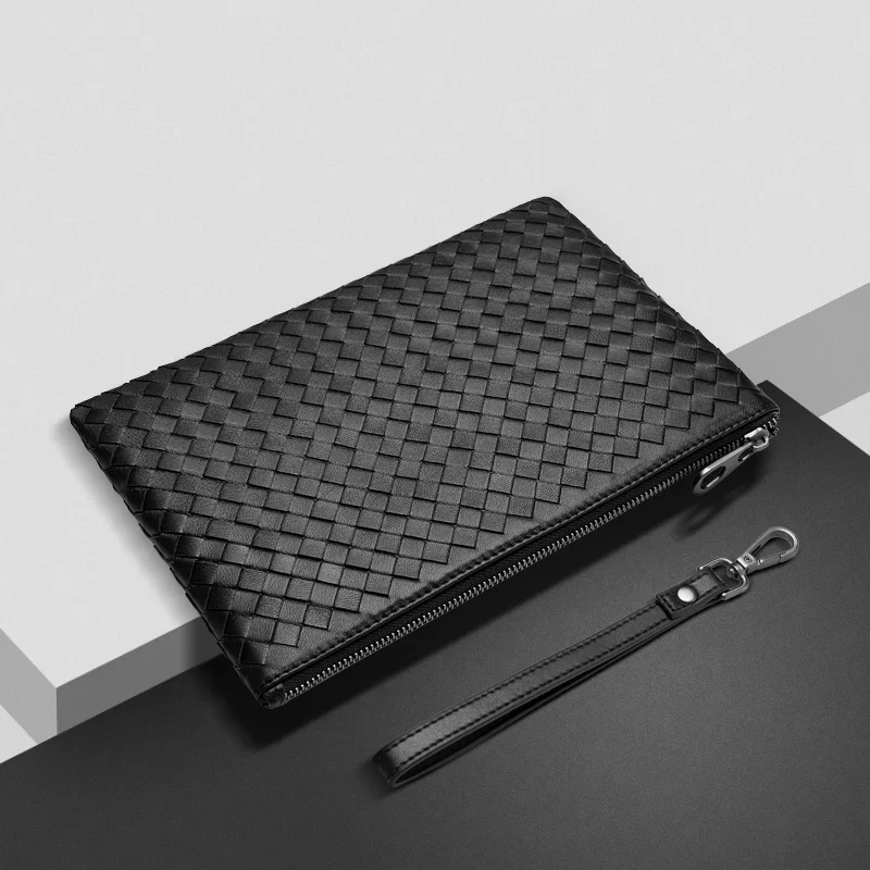 100% Sheepskin Genuine Leather Men Purses And Handbags Handmade Knitting Clutch Soft Leather Large  - 32841574078
