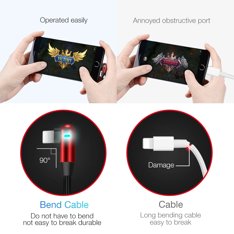  Cafele 90 Grad LED Beleuchtung USB Kabel für iPhone 11 pro X Xr Xs Max 8 7 6s Plus mobile Gaming US