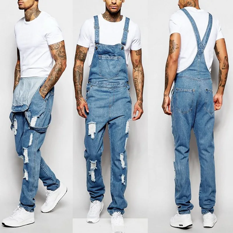 Fashion Denim Overalls Men One Piece Full Length Ripped Jeans Men Slimming Casual Men Jeans Pants Straight Pantalon Homme Jean