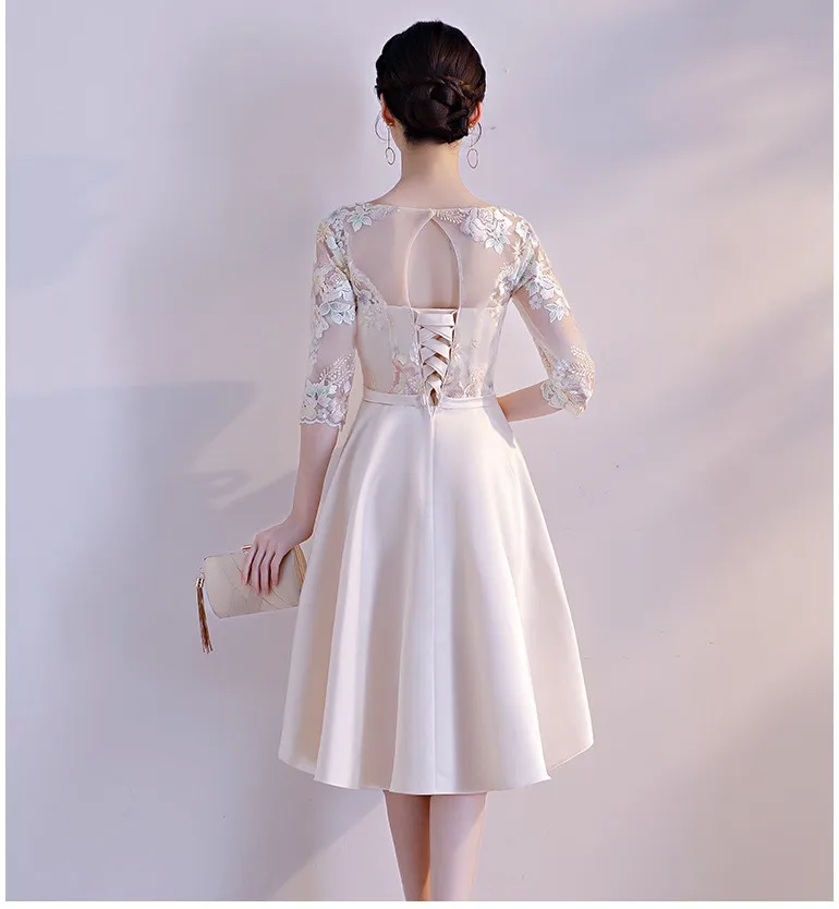 Короткий топ дешевые формальные кружево до Атлас цвета шампана платье для подружки невесты короткие платья для Свадебная вечеринка под 50 H4270
