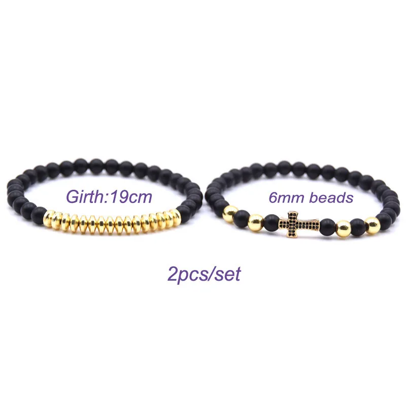 2PCS/set Fashion 6mm Black matte stone bead Bracelets For Men&Lady 4 color pave CZ Cross charm classic Bracelet Jewelry gifts