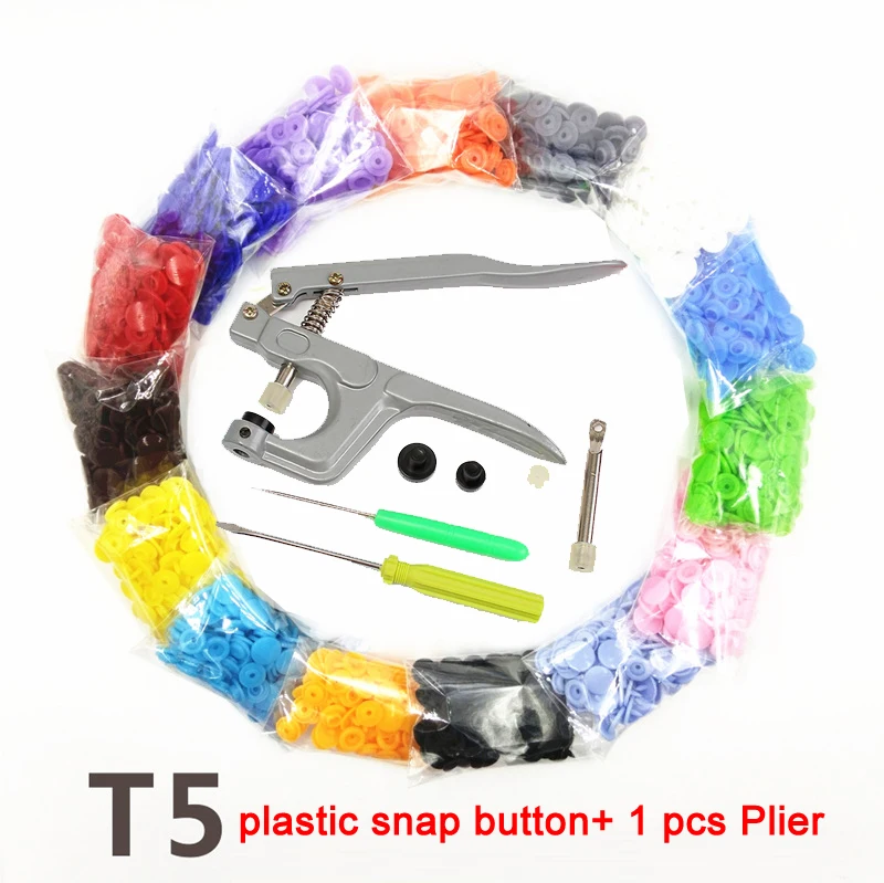 

Free Shipping 200 sets T-5 Size 20 Plastic Snaps Button Snap fasterner+ 1 Set Metal Press Pliers Tools for T3 T5 T8 Kam Button