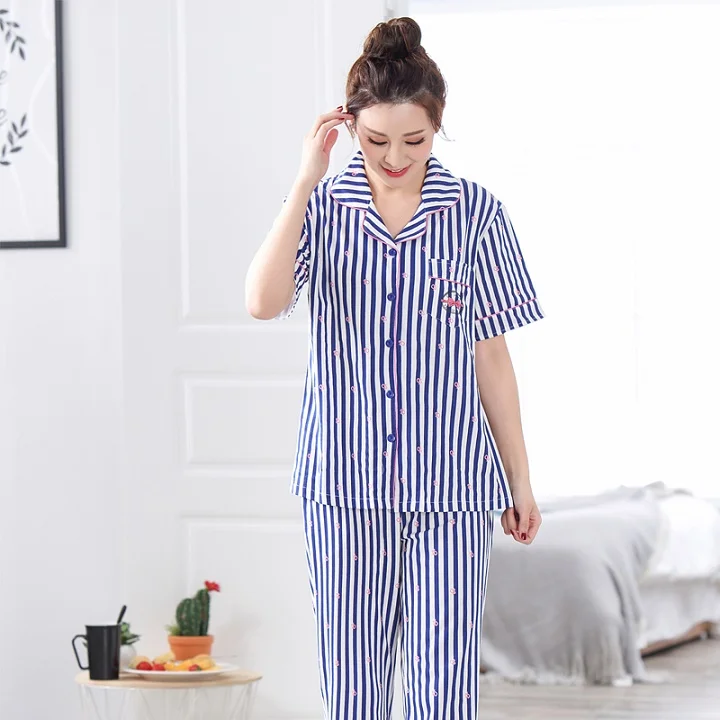 Женская пижама, комплект из хлопка, синяя полосатая женская Свободная ...