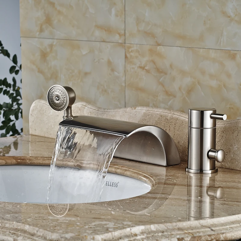 Bathroom 3pcs Waterfall Bathtub Filler Faucet Single Handle Roman Tub Mixers Brushed Nickel Hand Shower