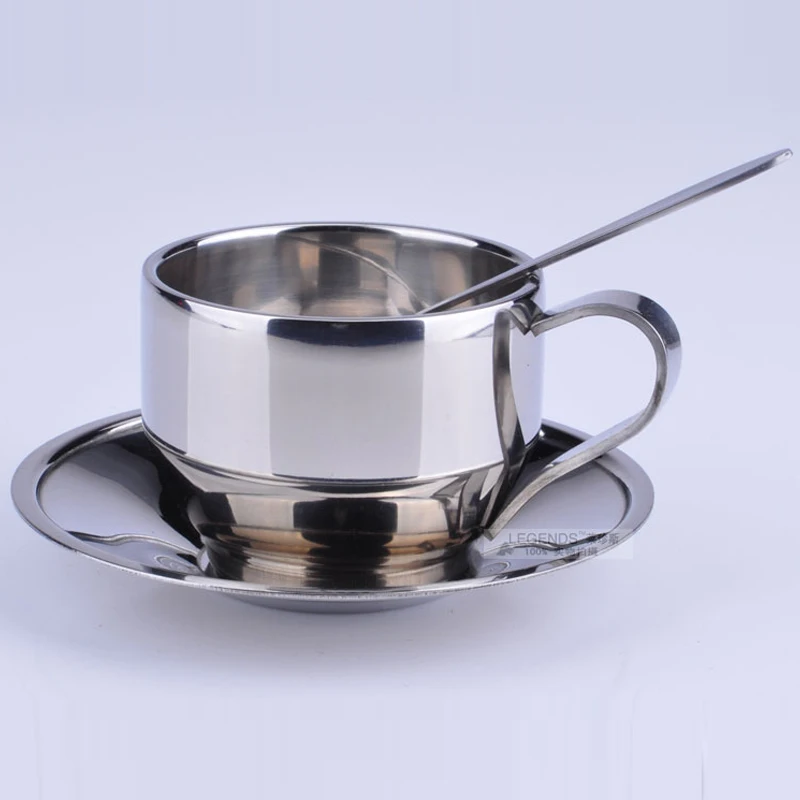 Двухслойная кофейная чашка 304 из нержавеющей стали и блюдца, Золотая Серебряная чашка для Эспрессо кружка, чайная чашка, дизайн tazas de кафе, для домашнего питья