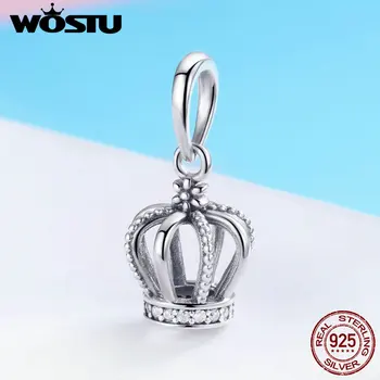 

WOSTU 925 Sterling Silver Princess Crown Clear CZ Pendant Charms fit Original Women Bracelet Bangle Silver 925 Jewelry BKC781