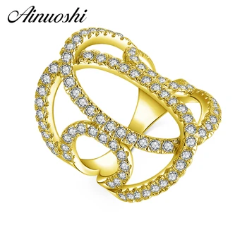 

AINUOSHI 14K Solid Yellow Gold C Letter Ring Multi Layer Weaving Hollow Band Sona Diamond CZ Wedding Engagement Ring for Women