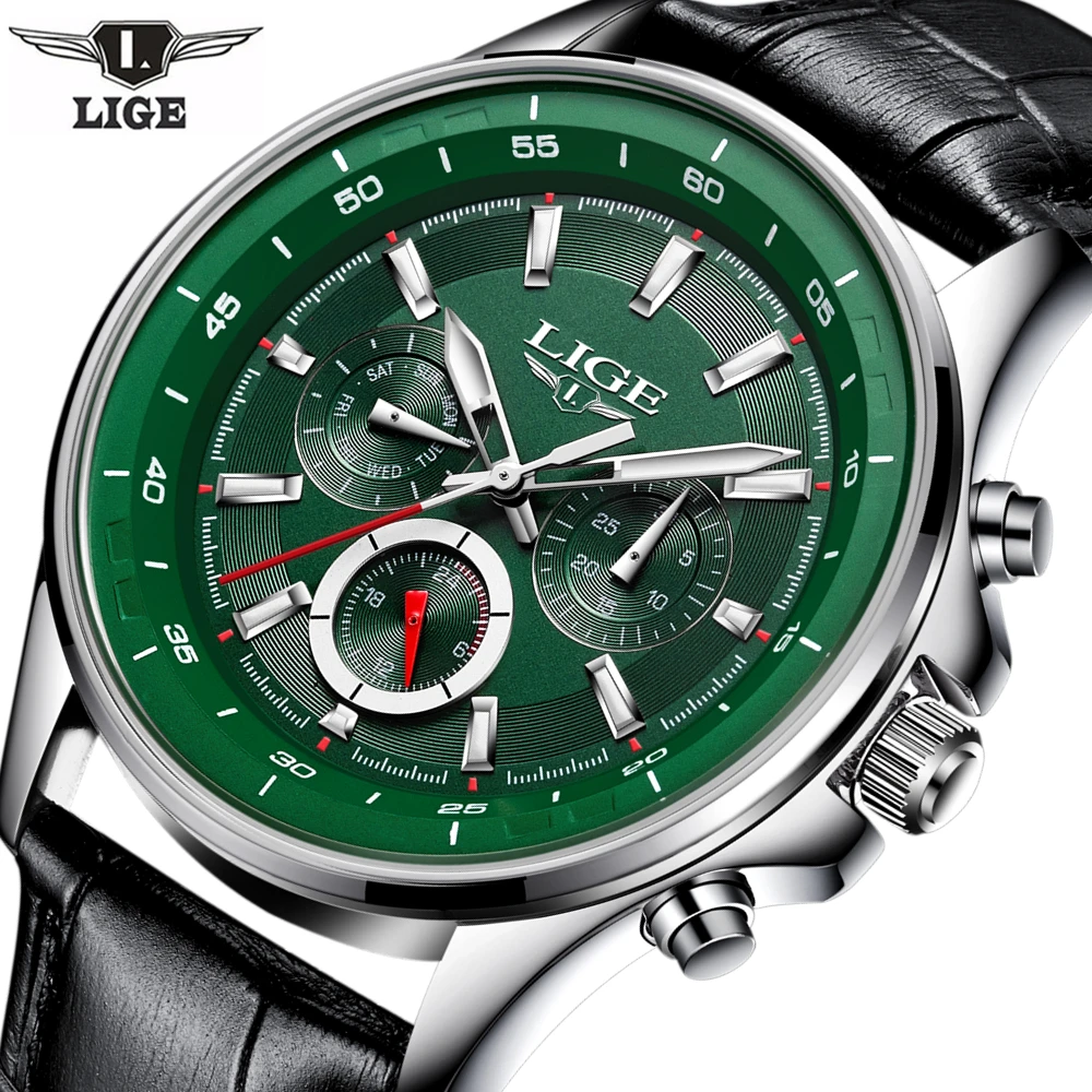 

LIGE Top Luxury Brand Chronograph Sport Mens Watches Fashion Military Waterproof Leather Quartz Watch Clock Men Relogio Masculin