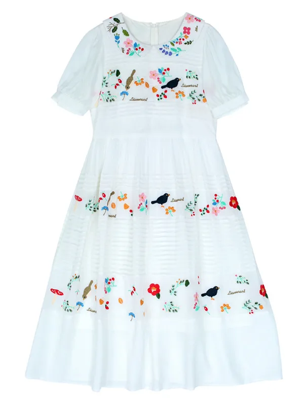 Женское хлопковое платье с вышивкой, винтажное элегантное повседневное платье миди белого цвета, в французском стиле, образ девушки из леса, для лета и осени - Цвет: Белый