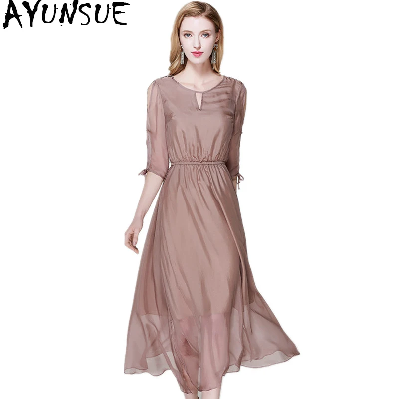 

AYUNSUE Ladies Dresses Elegant Natural Silk Women Dress Summer Half Sleeve Solid Long Party Dress Female Luxury Designer Z17X147