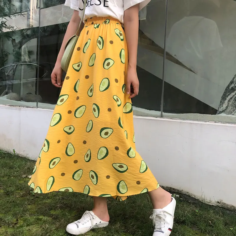 

BGTEEVER Casual Avocado Print Women's Skirt Elastic Waist A-line Female Long Skirt Jupe Femme faldas mujer moda 2019 Summer Saia