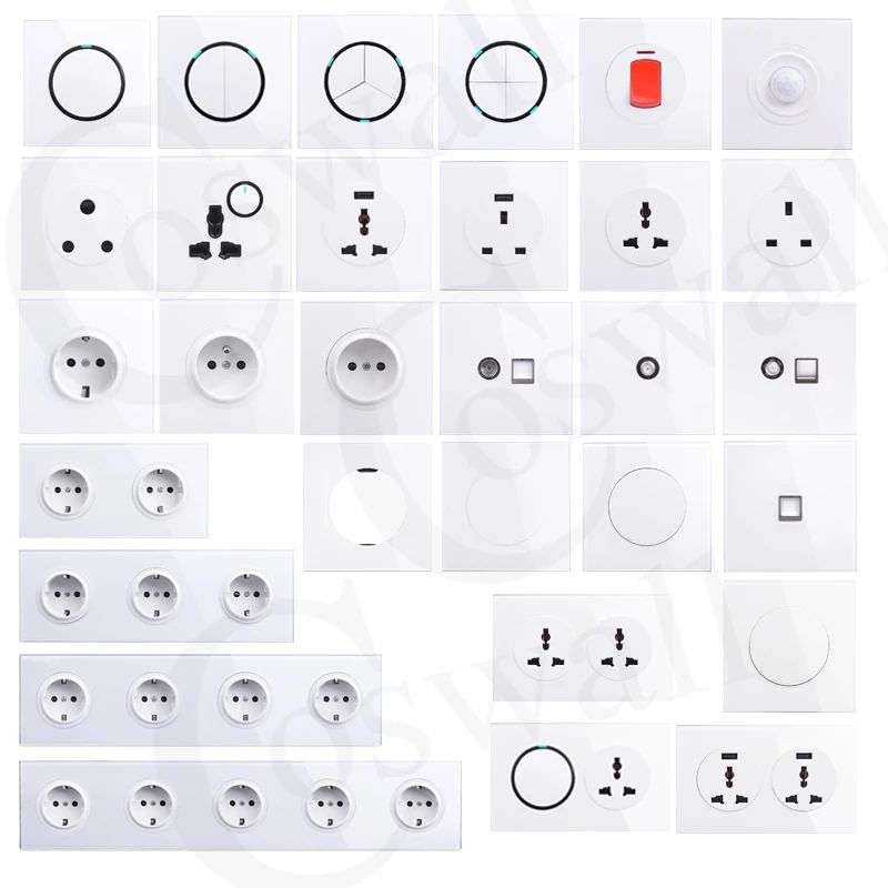 Painel de Vidro Através de Ligar Interruptor de Luz Padrão da ue + 1 Coswall Cristal Branco Tomada Parede Gang 2 Way Passagem - Desligar Comutada 16a 2 High Quality Renovação da Casa