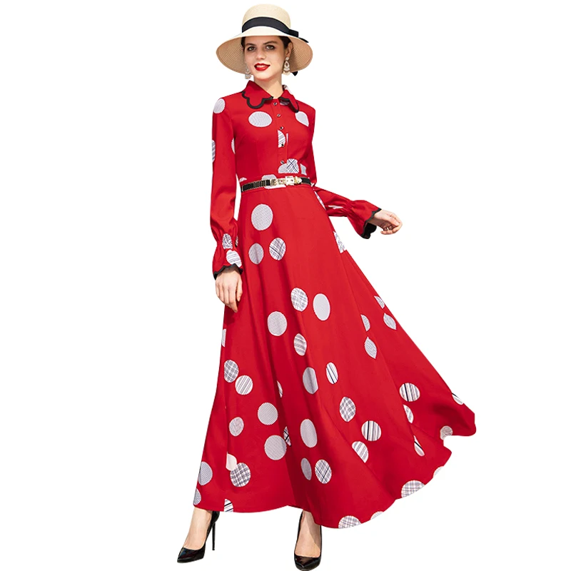 

Spring Vintage Long Dress Women Dots Evening Party Red Dresses Ladies Maxi Gown Runway Dresses DZ2087