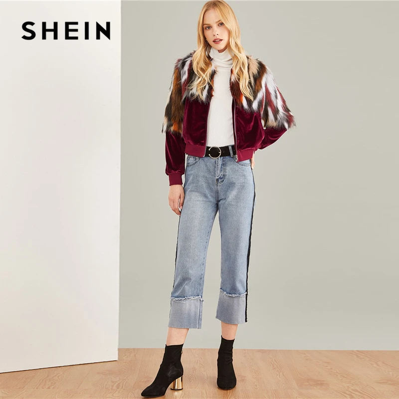 SHEIN Multicolor Elegant Office Lady Zipper Up Colorful Faux Fur Jacket 2018 Autumn Streetwear Workwear Women Coat Outerwear