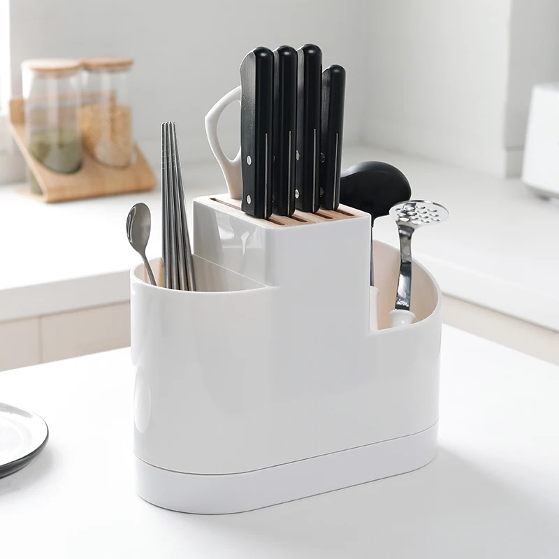 Plastic Wood Knife Holder White Forks Scissors Cutlery Multifunctional Storage Organizer Rack Kitchen Knife Block Accessories