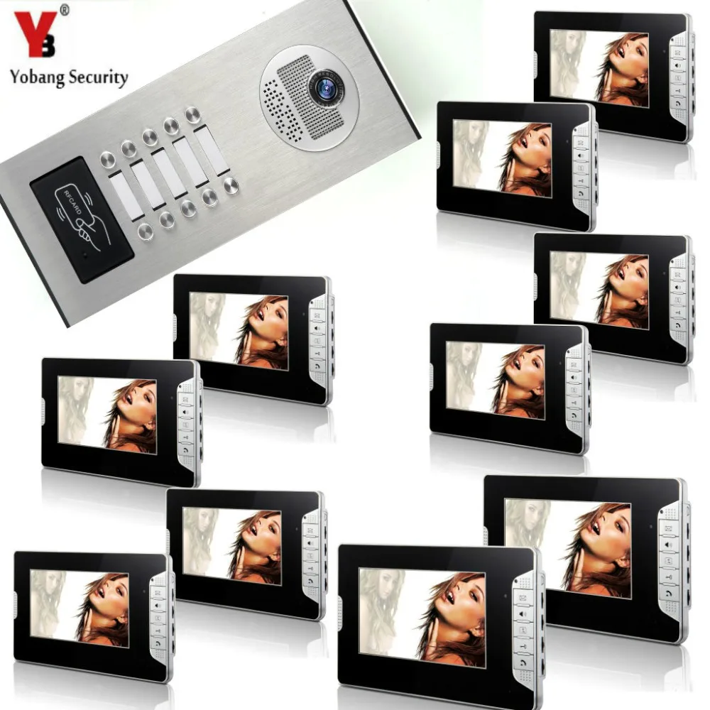 Yobangsecurity 10 единиц квартира 7 "inch проводной видео домофон Дверные звонки домофон Системы с RFID дверца ИК камера