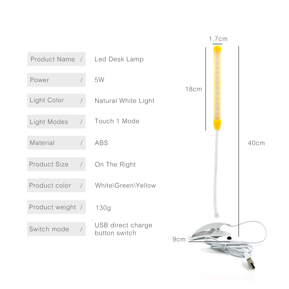 Защита глаз светодиодный настольная лампа зажим свет офисная Плавная регулировкая яркости гибкая USB Студенческая обучающая Ночная лампа