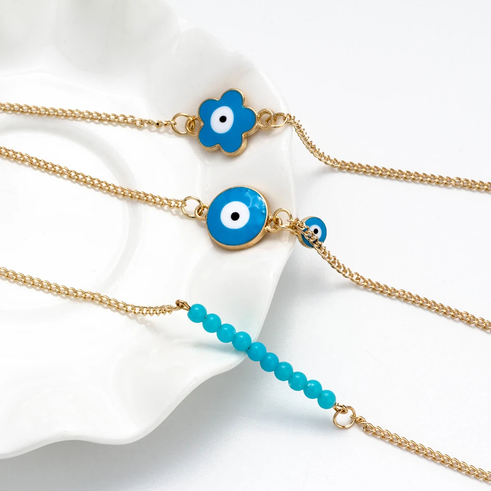 

MEIBEADS 3pcs/lot Evil Eye Beads Flower Charm Bracelet Gold Linkc Chains Bracelets for Lovers Couple Summer Jewelry Gift