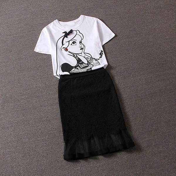 5XL 2018 Summer Women White Cotton Casual Tees With Diamond Earing Appliques Blouses And Lace Ruffles Black Skirt Suits DY128 | Женская
