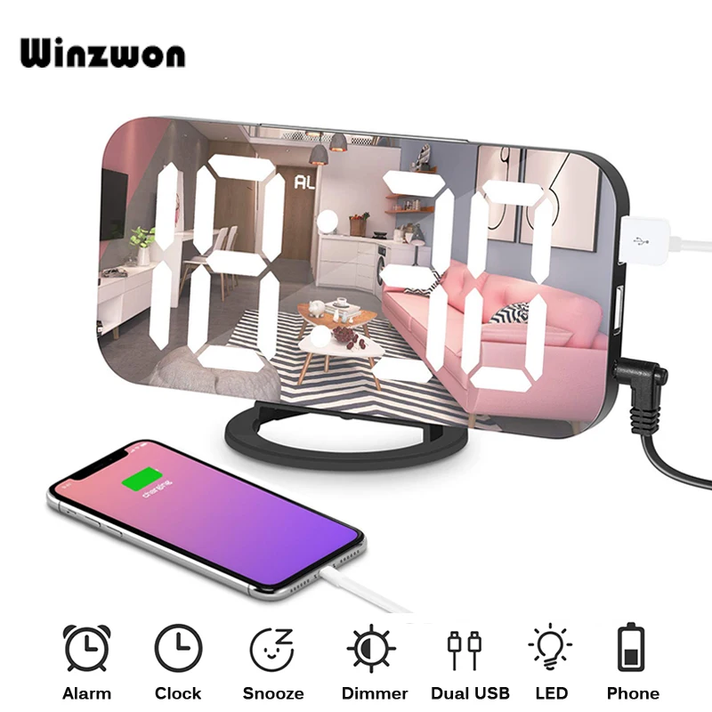 Baratos 6,5 pulgadas espejo LED despertador reloj Digital dormitorio Dimmer despertador luz con doble puerto de carga USB función de memoria de tiempo