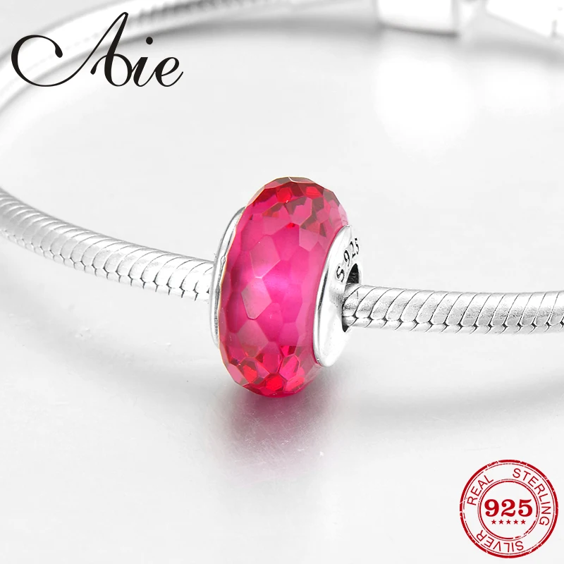 

Round shape 100% real 925 Sterling Silver deep pink fine Murano Glass Beads Fit Original Pandora Charms Bracelet Jewelry making