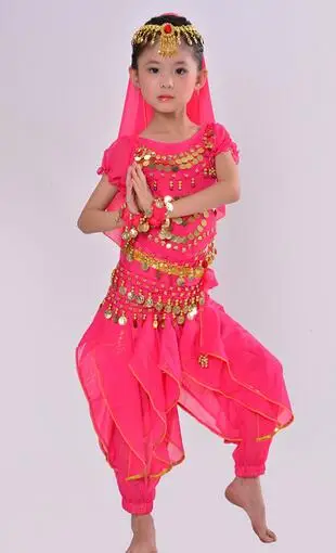 Детский индийский костюм для танца живота, костюмы для танцев Болливуда для девочек, костюмы для восточных танцев, индийское платье принцессы, AMBESTPARTY - Цвет: Красный
