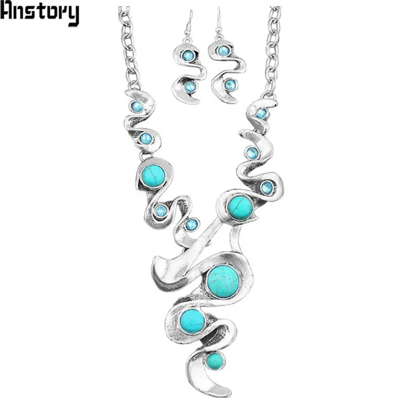 

Vintage Look Tibet Alloy Antique Silver Plated Cascade Pendant Crystal Stone Necklace Earrings Jewelry Sets S072