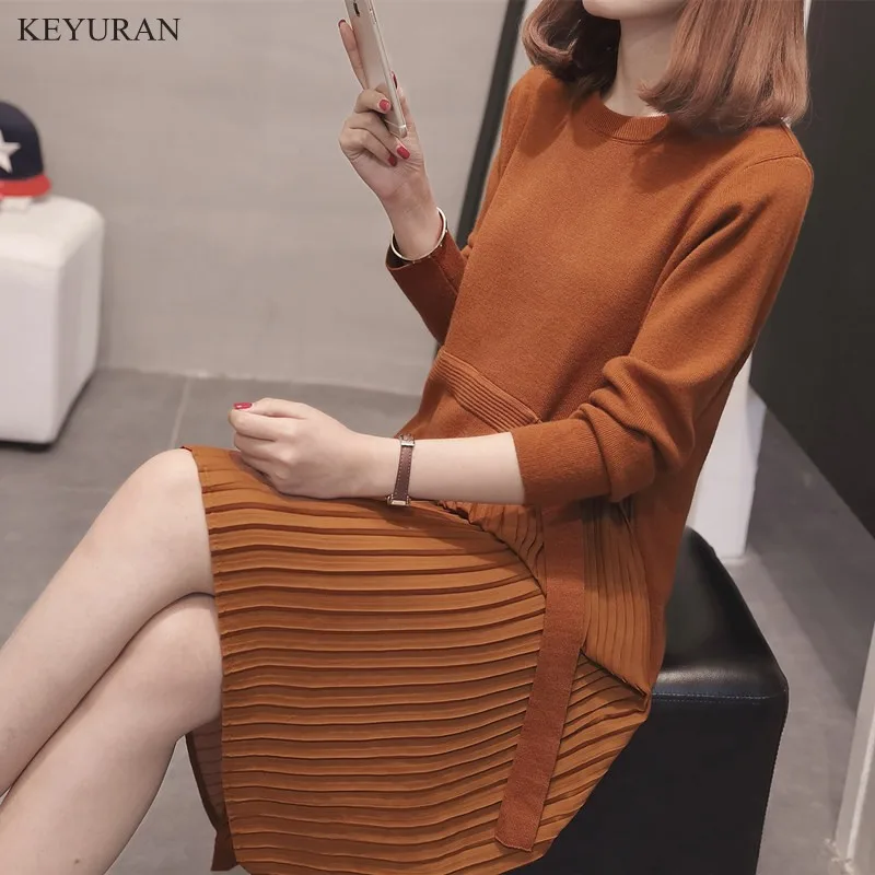 

2019 Spring Autumn New Big Size Women Pleated Hem Knit Dress Long Sleeve O Neck Loose Sweater Dress Women Oversize XXXL L1664