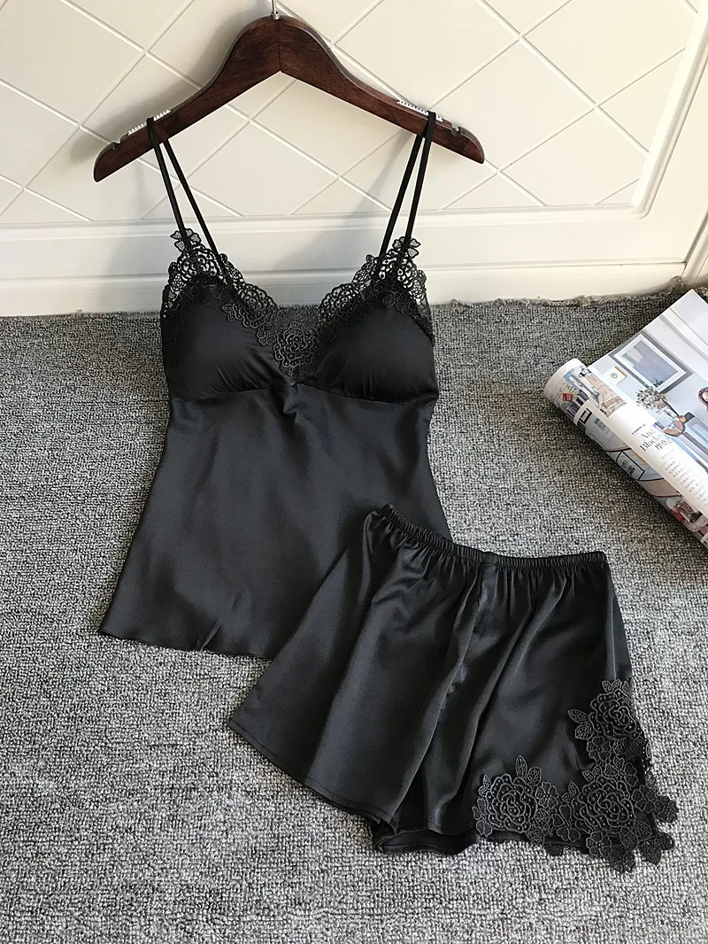 Pajamas Set Sexy Silk Satin Lace Sleeveless Pyjamas Set Women Summer Sleepwear Nightwear Lingerie Female Home Wear Lingerie     8