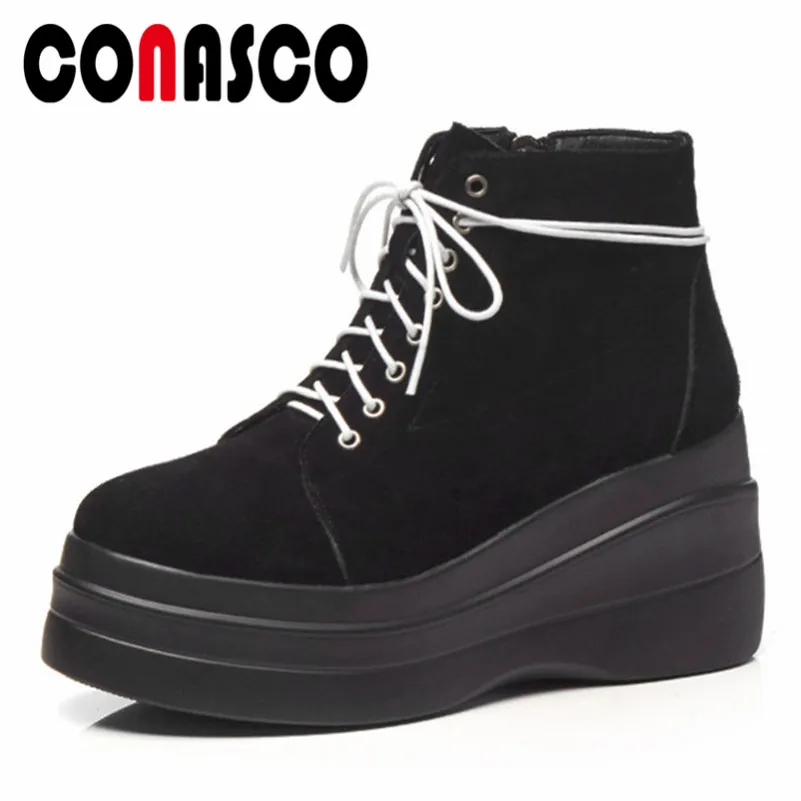 

CONASCO New Punk Short Martin Shoes Woman Wedges High Heels Autumn Winter Corss-tied Rock Party Shoes Woman Cow Suede Basic Boot
