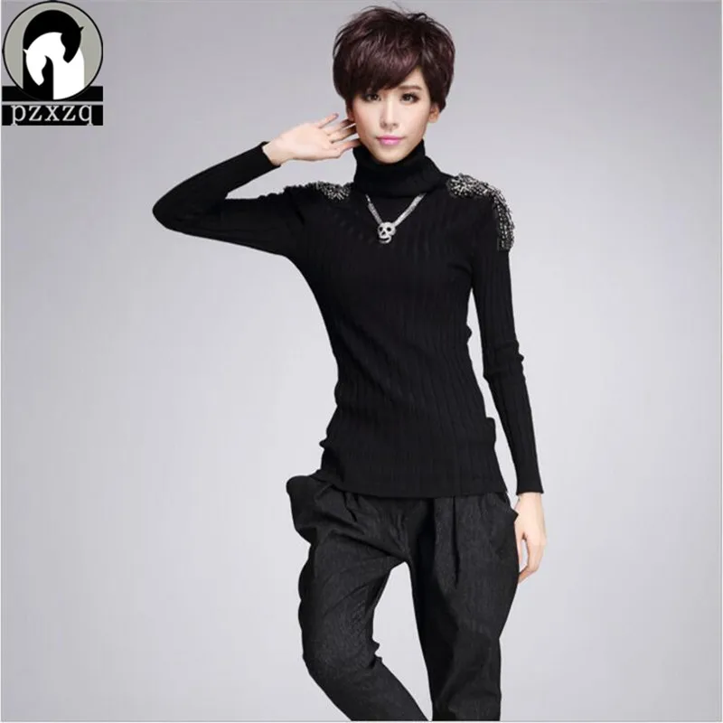 

2018 High-quality Punk Winter Woman Sweater High-necked Basic Black Knitted Sweaters Women Pullover Jumper Solid Silm Pull Femme
