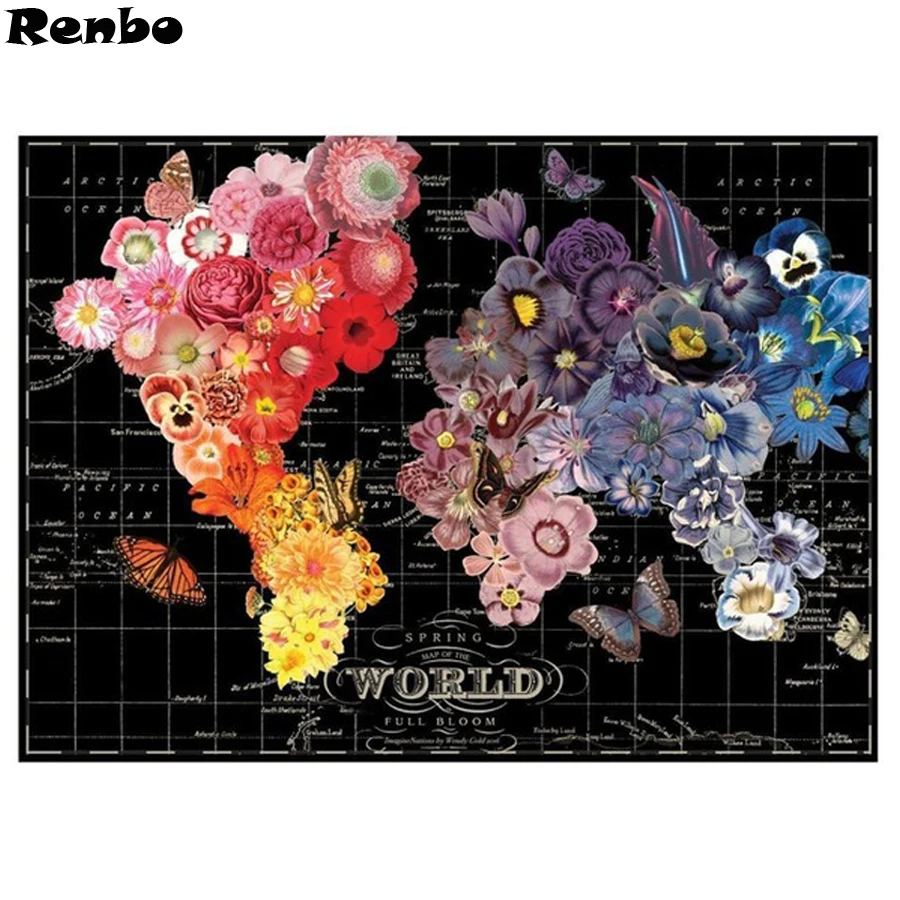 Paint With Diamonds Full Square Round Drill 5D DIY Diamond Painting World Map Flower Rhinestone Mosaic Decoration Home | Дом и сад