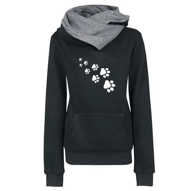  2019 New Fashion Cat Dog Paw Print Sweatshirts Hoodies Women Tops Pockets Cotton Female Cropped Str