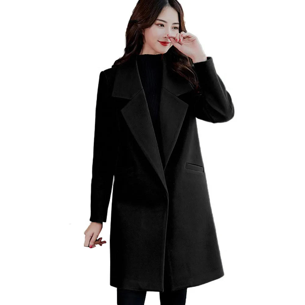 

Women Work Solid Vintage Winter Office pure color coat light quality wool coat Long Sleeve Button Woolen Jacket Coats female