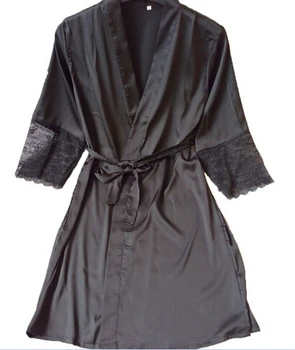 Mid sleeve sexy women nightwear robes plus size M L XL XXL lace real silk female