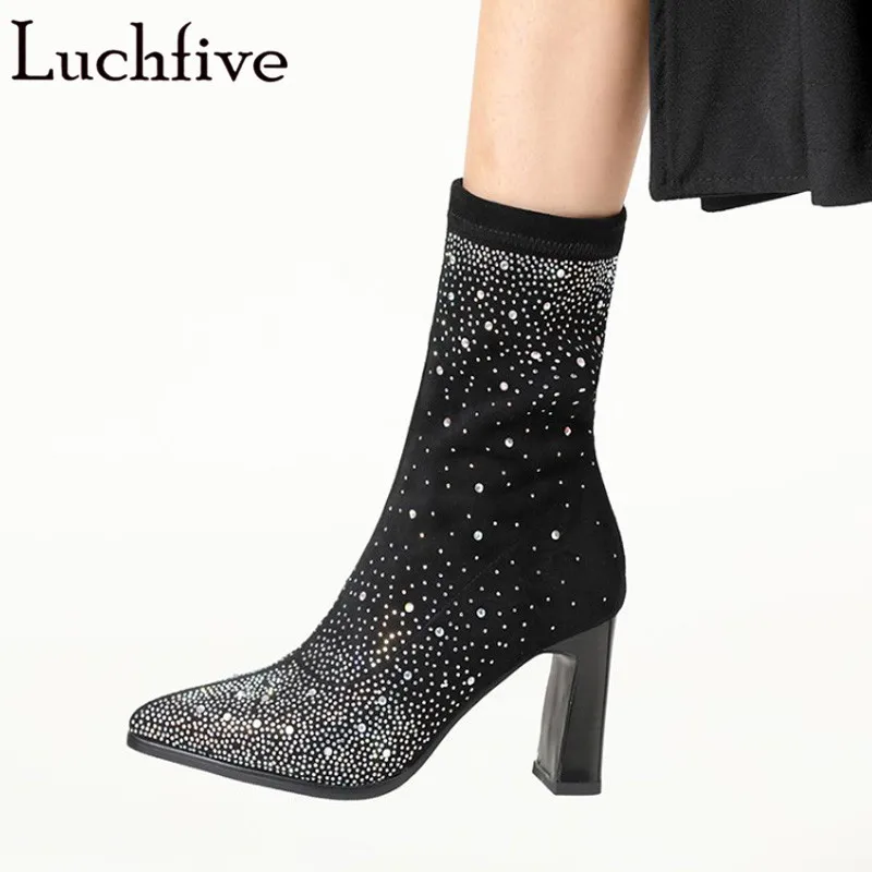 

2018 Sexy Bling bling crystal decor ankle boots for women 7 cm high heels rhinestone sock shoes spring autumn bota feminina