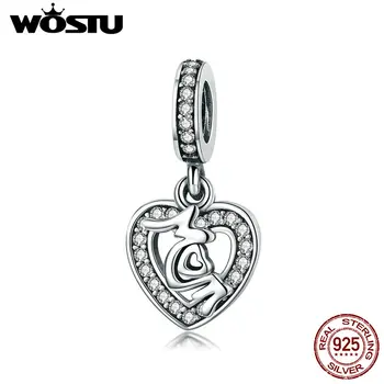 

WOSTU 100% Real 925 Sterling Silver Heart Shape Dangle MOM Letter Beads fit original Charm Bracelets DIY Jewelry Gift CQC789
